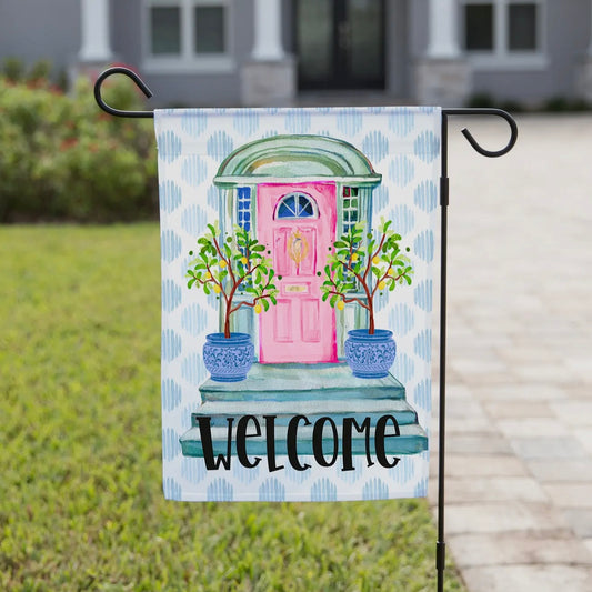 Spring Garden Flag - Welcome Pink Door