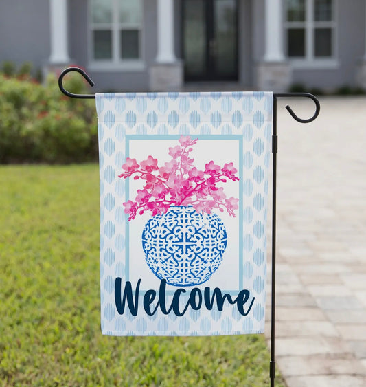 Spring Garden Flag - Chinoiserie Vase Pink Florals