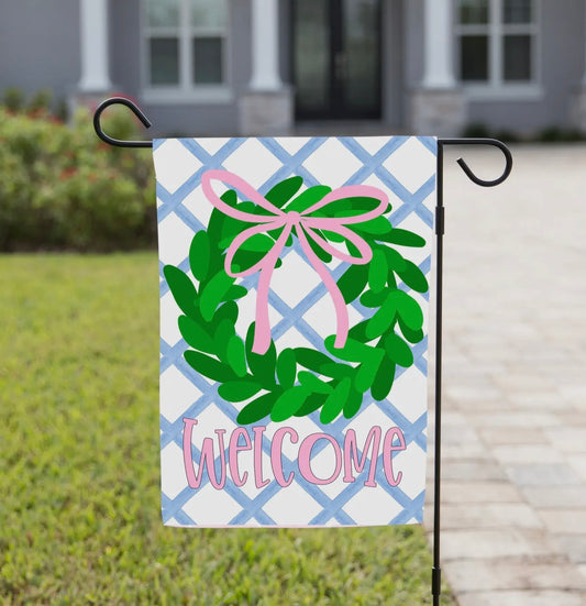 Spring Garden Flag - Blue Plaid Wreath
